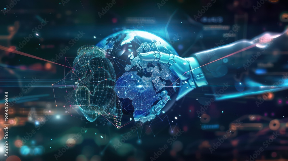 digital artwork showcasing the merger of technology and finance, with a digital hand shaking a holographic globe, symbolizing global agreements