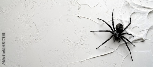Spooky Halloween themed flat lay image featuring one frightening black spider on a white background with ample copy space for a banner