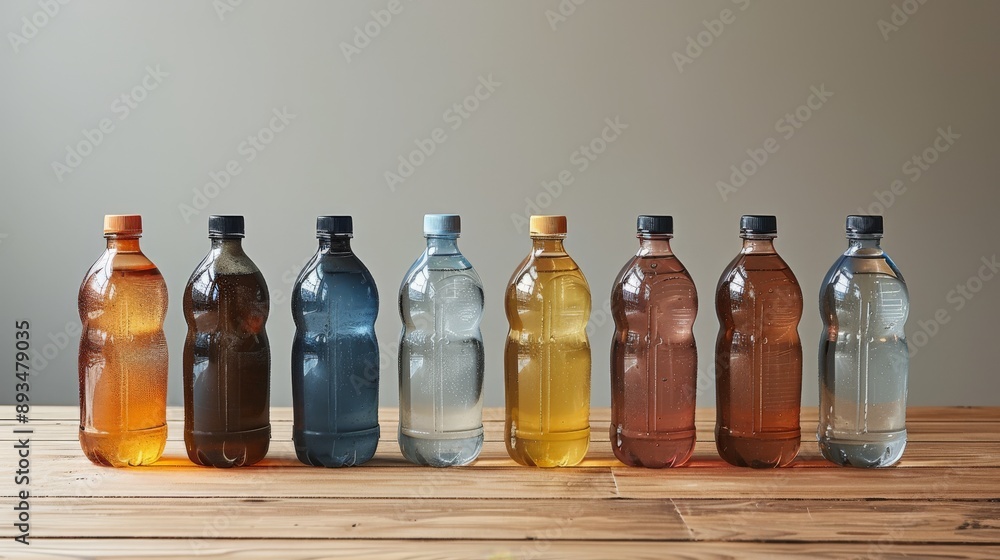 A Colorful Row of Eight Plastic Bottles on a Wooden Table. Generative AI A Colorful Row of Eight Plastic Bottles on a Wooden Table. Generative AI