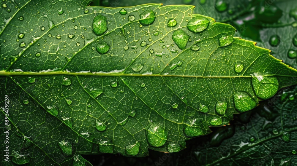 Fototapeta premium Macro view of a leaf with fresh morning dew drops and detailed veins