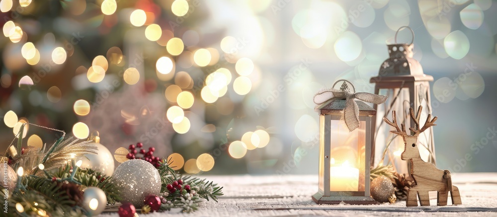 Fototapeta premium Festive Christmas scene with lantern greenery baubles and wooden reindeer on table with room for text set against a bokeh Christmas tree backdrop. copy space available
