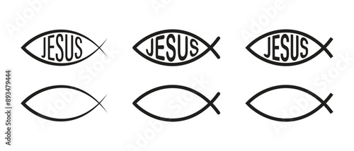 A set of Christian fish symbols, a fish of Jesus, a fish with the inscription Jesus, ichthys, a religious symbol of faith in Jesus Christ.
