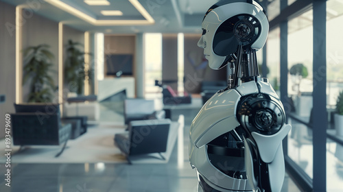 futuristic Ai humanoid robot standing in modern office, AI workforce 