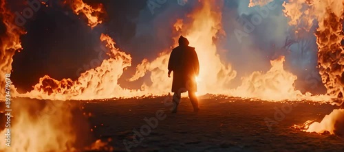 Silhouetted arsonist amidst raging flames in a dense woodland. Man as Arsonist in the Forest