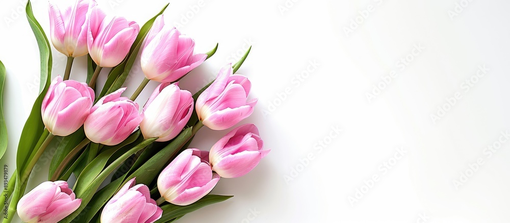 Obraz premium A banner displaying top view of a bouquet of pink tulips on white backdrop with copy space image showcasing spring flowers