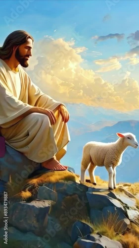 Jesus  Christ by the river, holding a lamb art painting style animation -- 4k 9 x16 vertical stock video footage AI photo