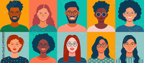 A colorful illustration featuring a grid of diverse individuals with various hairstyles, skin tones, and glasses against vibrant backgrounds. Each portrait showcases unique personalities, celebrating 