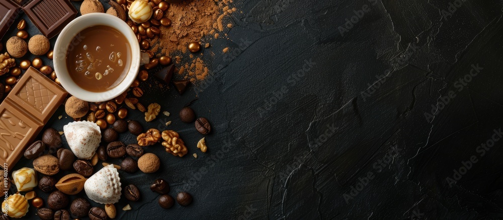 A food background featuring candy chocolate cream and coffee on a black background with copy space image A food background featuring candy chocolate cream and coffee on a black background with copy space image