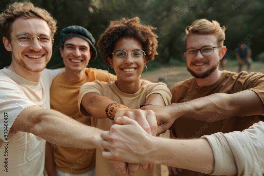 A group of five friends with glasses and casual wear stacking their hands together outdoors in a show of unity and teamwork, surrounded by green nature and trees. A group of five friends with glasses and casual wear stacking their hands together outdoors in a show of unity and teamwork, surrounded by green nature and trees.