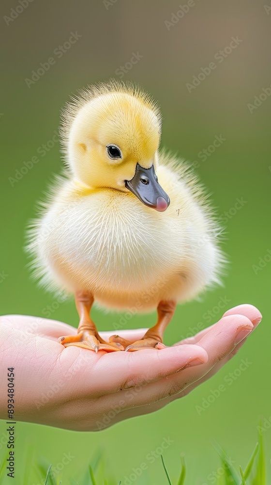 A small yellow duckling is gently held in the palm of a human hand. The background is a field of green grass A small yellow duckling is gently held in the palm of a human hand. The background is a field of green grass