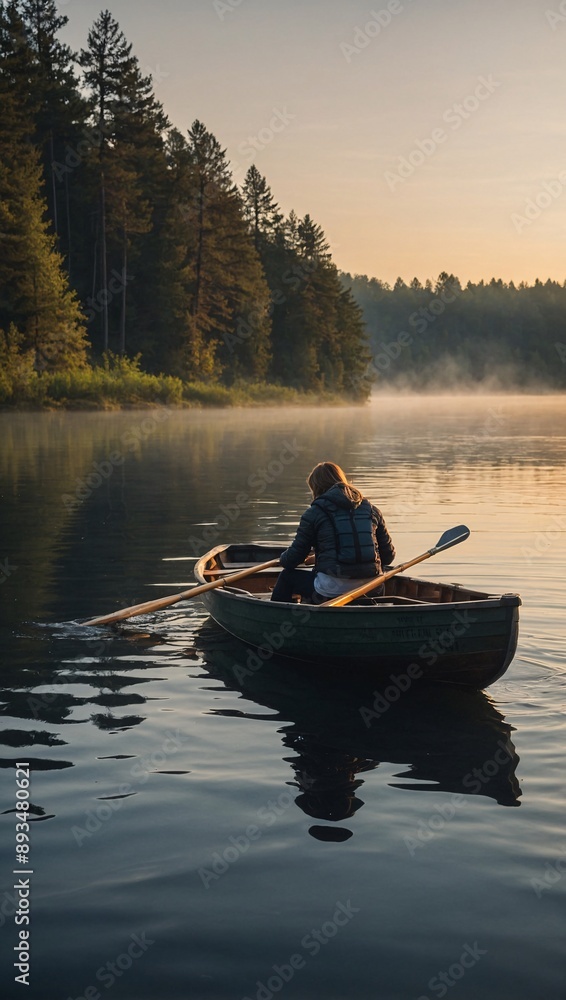 Couple exploring lake in rowboat at dawn Couple exploring lake in rowboat at dawn