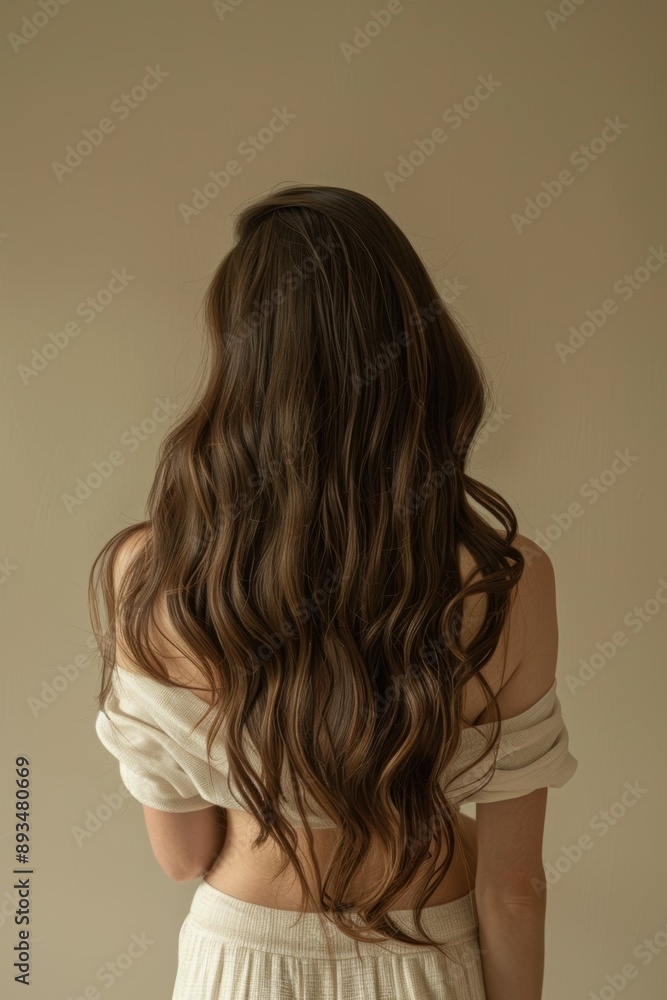 Woman with long wavy brown hair posing in front of a beige wall