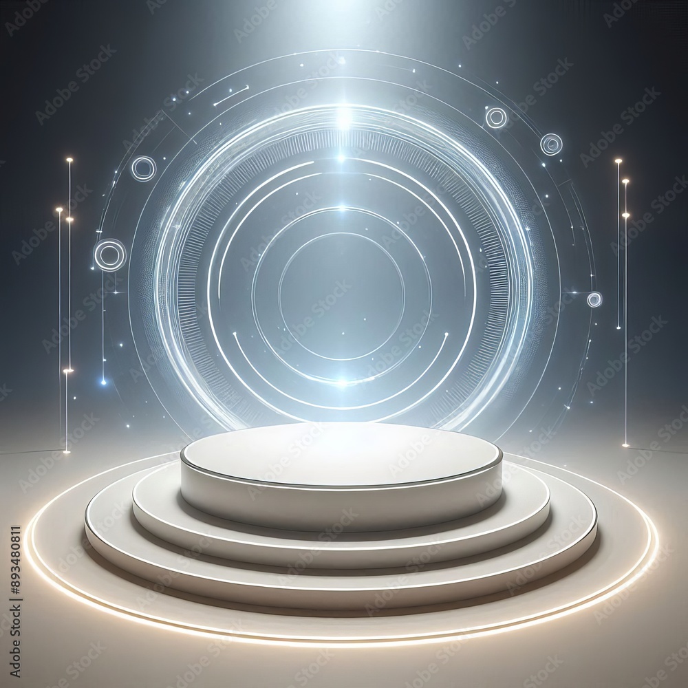 Fototapeta premium Podium background 3D light tech stage future platform game abstract. Podium 3D background technology room product circle glow effect portal stand studio scene white design ring modern display space. 