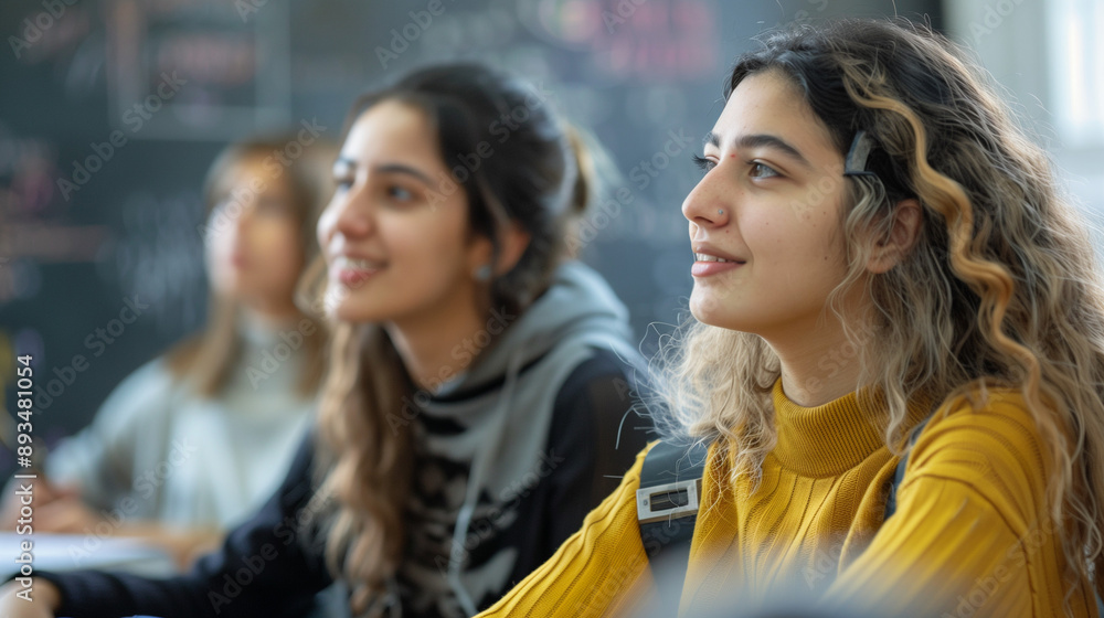 Female Students Engaging in Classroom Discussion - Academic Environment and Student Interaction Female Students Engaging in Classroom Discussion - Academic Environment and Student Interaction