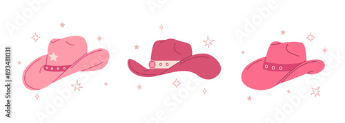 Cowgirl pink hats set. Flat hand drawn vector illustration. Cowboy Western and Wild West concept