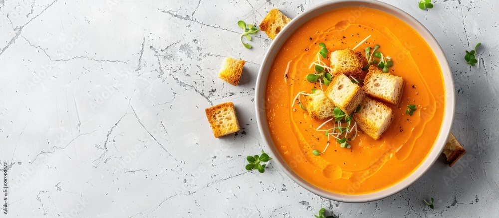 Top down perspective of a vegan pumpkin soup in a bowl garnished with croutons and pea sprouts ideal for vegetarian diets with a visible copy space image Top down perspective of a vegan pumpkin soup in a bowl garnished with croutons and pea sprouts ideal for vegetarian diets with a visible copy space image