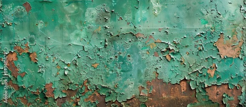 Old rusted metal plate with chipped green paint covering it providing a rustic appearance suitable for a copy space image