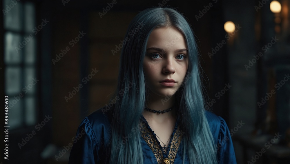 Portrait of a young girl with blue long hair dressed like a powerful magician Portrait of a young girl with blue long hair dressed like a powerful magician