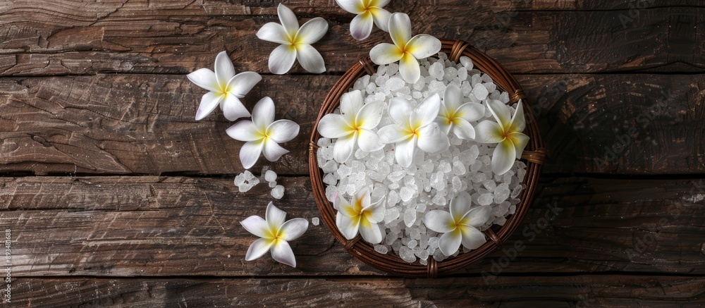 Frangipani flowers and sea salt in a wicker basket on rustic wood ideal for a massage spa concept featuring a dark rural style with a top view and copy space image Frangipani flowers and sea salt in a wicker basket on rustic wood ideal for a massage spa concept featuring a dark rural style with a top view and copy space image