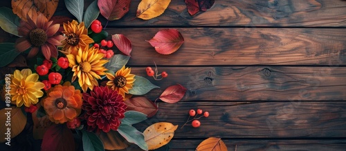 An autumnal arrangement on a wooden table with copy space image