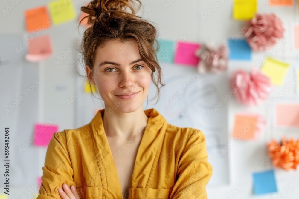 A creatively inclined individual standing in a bright workspace adorned with colorful notes and flowers, symbolizing innovation, inspiration, and a vibrant working mood. A creatively inclined individual standing in a bright workspace adorned with colorful notes and flowers, symbolizing innovation, inspiration, and a vibrant working mood.