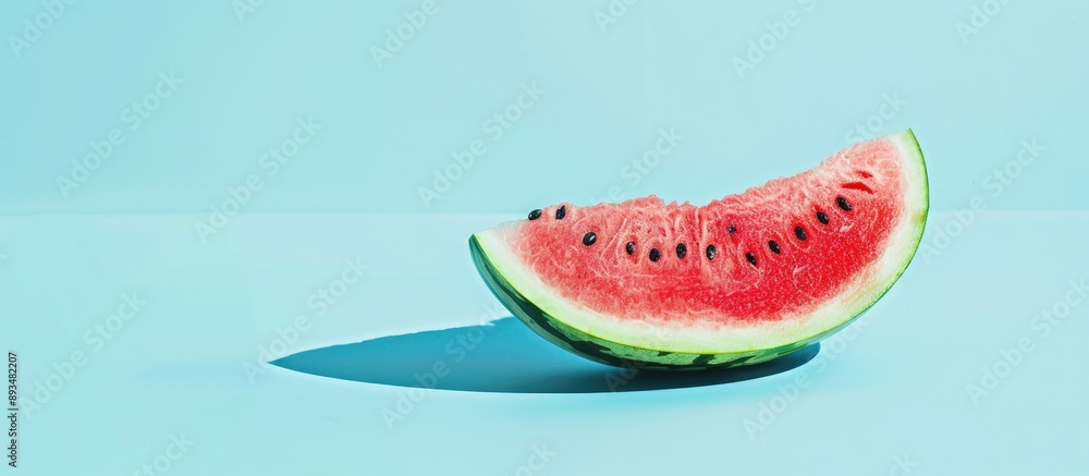 A vibrant juicy watermelon sits on a contrasting light blue backdrop allowing for copy space in the image A vibrant juicy watermelon sits on a contrasting light blue backdrop allowing for copy space in the image