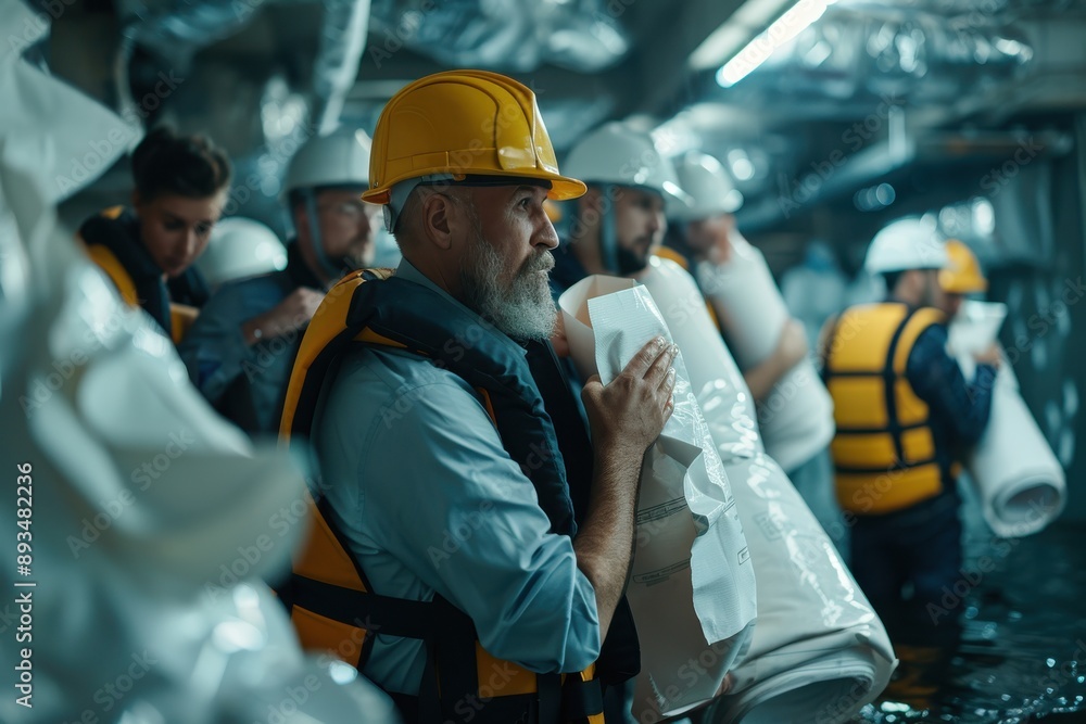 A group of workers in a confined space wearing hard hats and life jackets while holding emergency supplies, indicating a drill or safety exercise in progress. A group of workers in a confined space wearing hard hats and life jackets while holding emergency supplies, indicating a drill or safety exercise in progress.