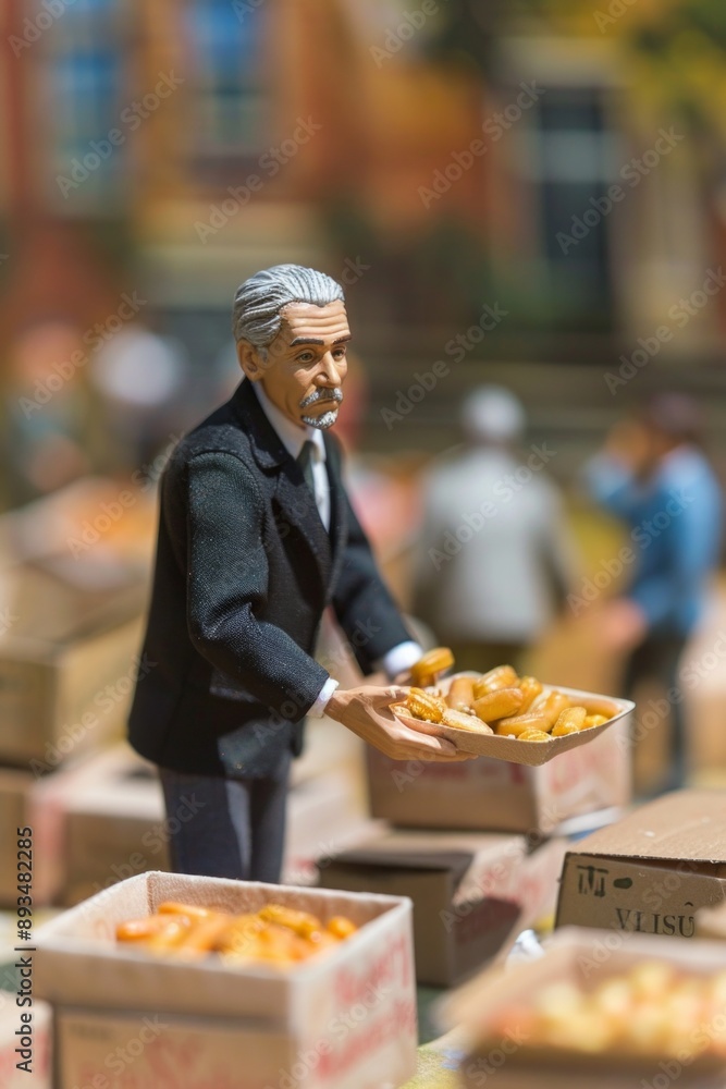 A mini figure businessman volunteering at a local charity, handing out food or helping with a community project. A mini figure businessman volunteering at a local charity, handing out food or helping with a community project.