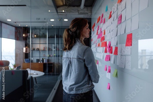 A person is seen from the back while analyzing and organizing ideas on a wall covered with colorful post-it notes in a modern office, suggesting a creative process. photo