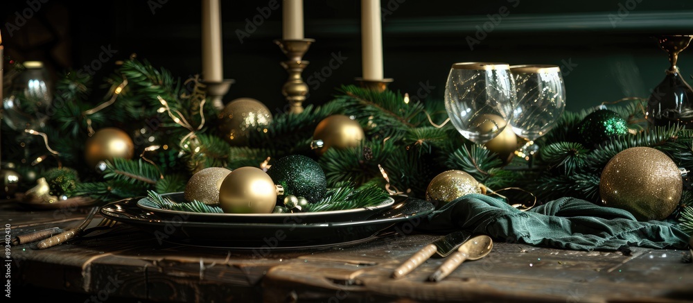 Christmas decorations in green and gold hues adorning a table with a dark backdrop presenting a festive ambiance with copy space image Christmas decorations in green and gold hues adorning a table with a dark backdrop presenting a festive ambiance with copy space image