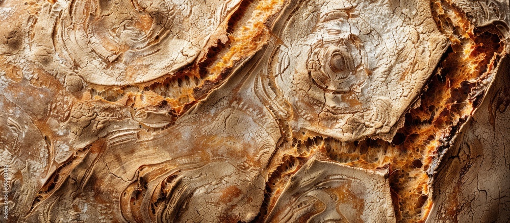 Close up view of artisan sourdough rye bread displaying its texture on a bakery background with an intricate pattern ideal for a copy space image Close up view of artisan sourdough rye bread displaying its texture on a bakery background with an intricate pattern ideal for a copy space image