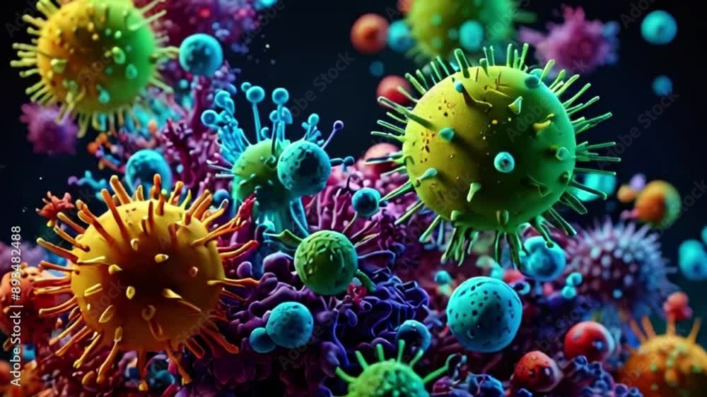 Explore a vibrant array of spherical structures, resembling viruses and bacteria, with intricate details under magnification. This kaleidoscope of microscopic life highlights the beauty and complexity Explore a vibrant array of spherical structures, resembling viruses and bacteria, with intricate details under magnification. This kaleidoscope of microscopic life highlights the beauty and complexity