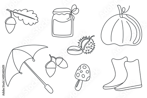 Set of linear autumn elements minimalistic design. Vector of umbrella, leaves in continuous line