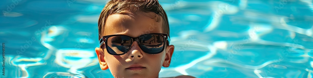 Boy in glasses in the pool. Selective focus Boy in glasses in the pool. Selective focus
