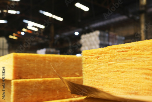 Fiberglass insulation materials stack for building construction industry.