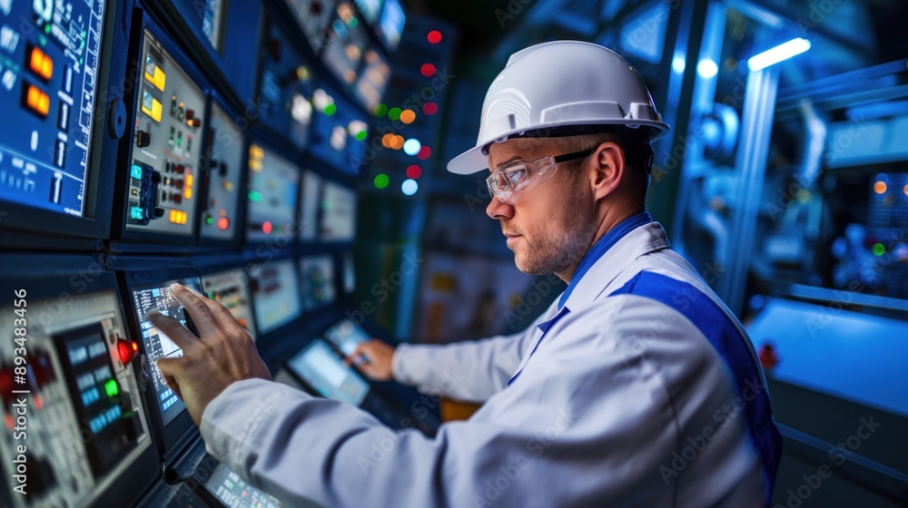 Engineer monitoring a control room in a nuclear power plant, emphasizing the precision and safety required to harness nuclear energy for electricity production Engineer monitoring a control room in a nuclear power plant, emphasizing the precision and safety required to harness nuclear energy for electricity production