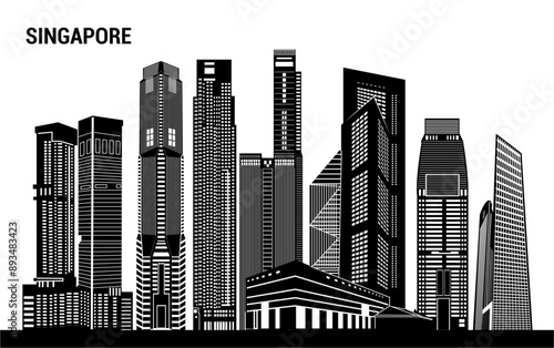 Stunning vector silhouette of Singapore's tallest buildings and iconic skyline. Ideal for travel brochures, promotional materials, digital art projects, and city-themed designs.