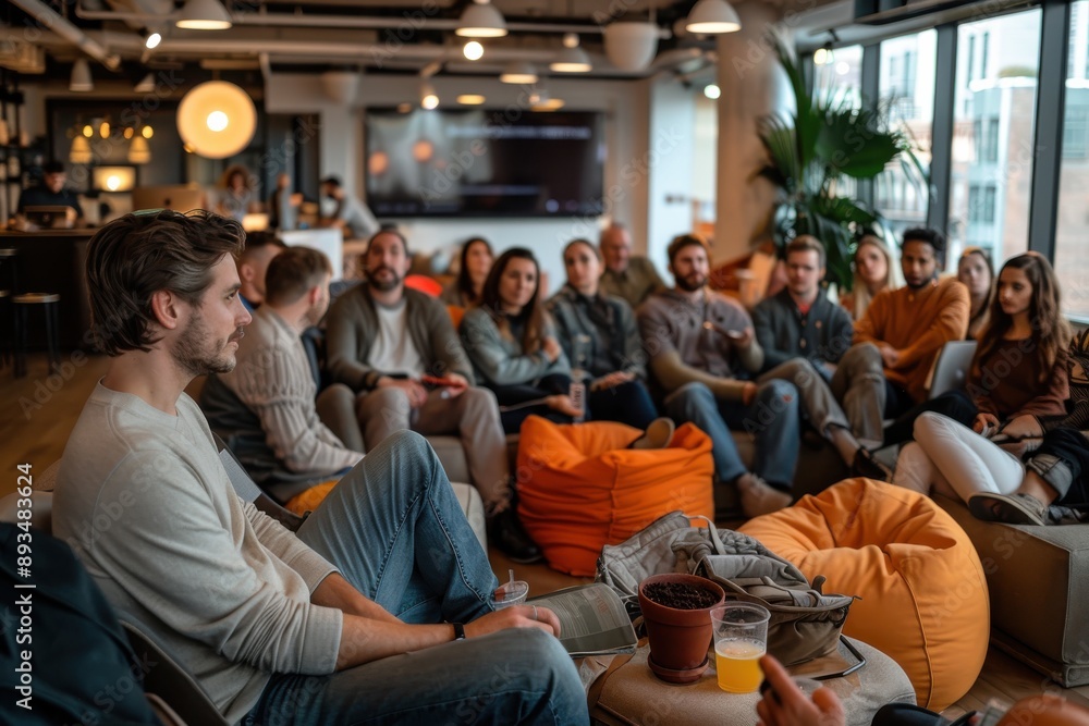 Naklejka premium A casual group meeting in a modern setting with people sitting on bean bags, engaged in a discussion, reflecting a relaxed and open-minded atmosphere.