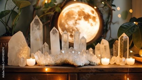 Moonlit scene with crystals glowing softly, set up for a nocturnal ritual to harness lunar energy and enhance magical workings photo