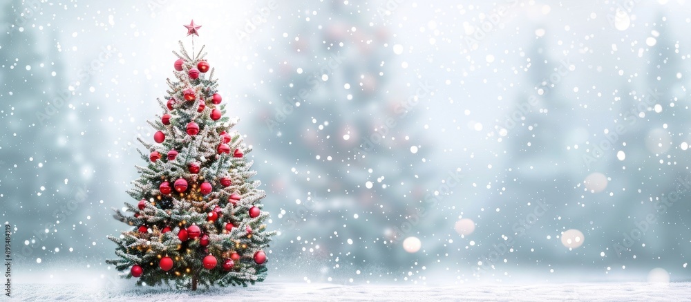A Christmas tree adorned with ornaments is set against a snowy backdrop creating a festive ambiance perfect for adding text in the available copy space image A Christmas tree adorned with ornaments is set against a snowy backdrop creating a festive ambiance perfect for adding text in the available copy space image