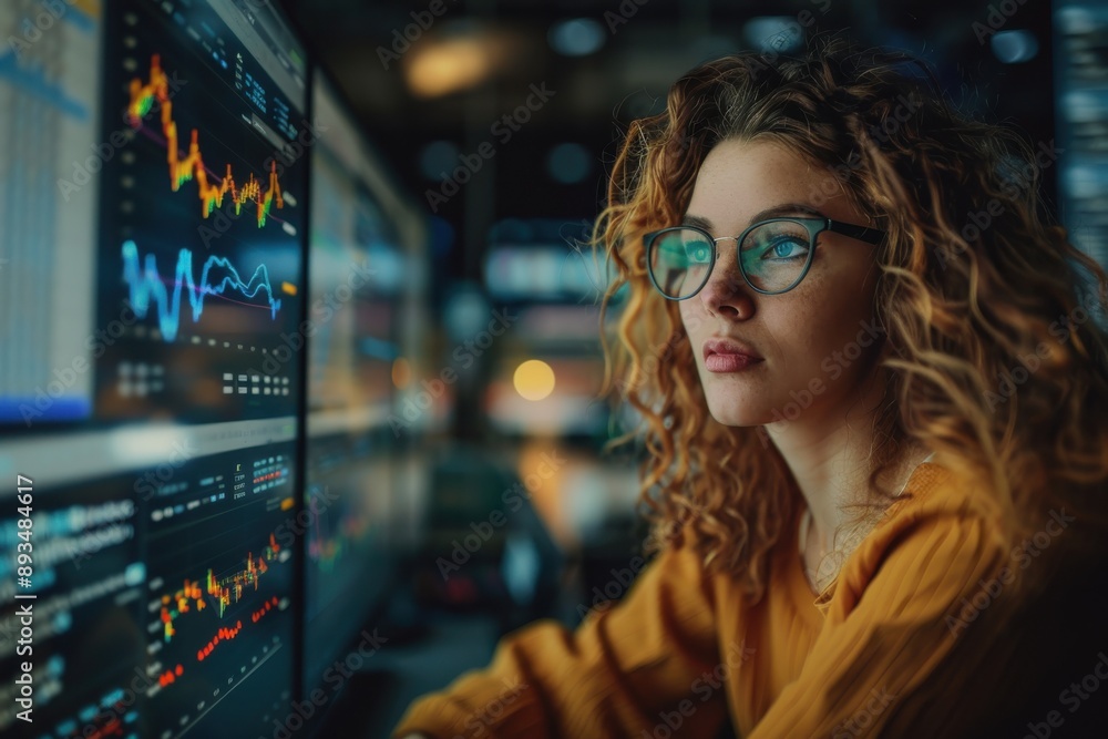 A woman focusing on multiple computer screens with various charts and graphs, showcasing the intensity and dedication involved in data analysis, finance, and business analytics. A woman focusing on multiple computer screens with various charts and graphs, showcasing the intensity and dedication involved in data analysis, finance, and business analytics.