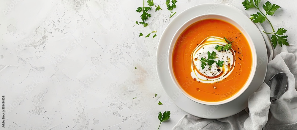 Carrot soup with cream and parsley on white background with copy space image Carrot soup with cream and parsley on white background with copy space image
