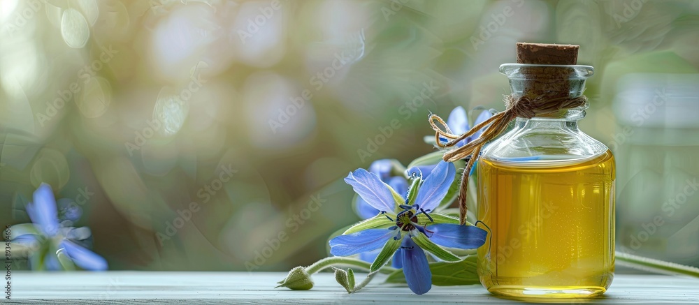 Glass bottle with borage oil and fresh borage flowers creating an appealing visual with copy space image Glass bottle with borage oil and fresh borage flowers creating an appealing visual with copy space image