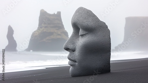 A serene concrete face sculpture rests on a black sand beach in Iceland, closed-eyed and peaceful. It faces a dramatic rock formation and the ocean