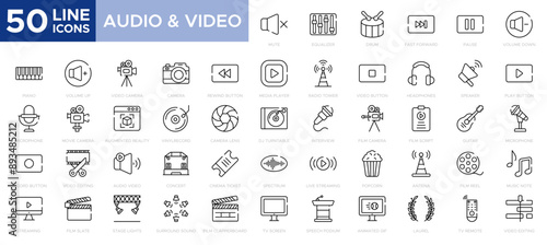 Audio & Video icon set Line icon collection set. Music, Cinema, File, Song, Movie and more. Simple vector icons. Vector illustration