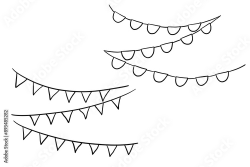 Doodle bunting garlands set. Flags for Birthday Decorations. Vector fair pennant Illustrations