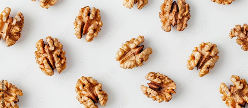 Top down view of a unique background featuring walnut kernels on a white backdrop with ample space for additional content in the image Top down view of a unique background featuring walnut kernels on a white backdrop with ample space for additional content in the image