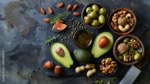 Photo of a selection of healthy unsaturated fats, Omega 3 - fish, avocados, olives, nuts and seeds.