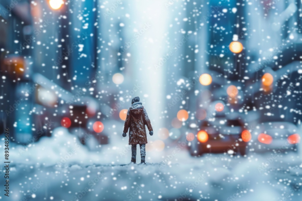 A mini figure commuting through a snowy cityscape, bundled up in a coat and scarf A mini figure commuting through a snowy cityscape, bundled up in a coat and scarf