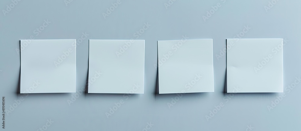 Four white note papers arranged in a close up shot against a gray background perfect for a copy space image Four white note papers arranged in a close up shot against a gray background perfect for a copy space image